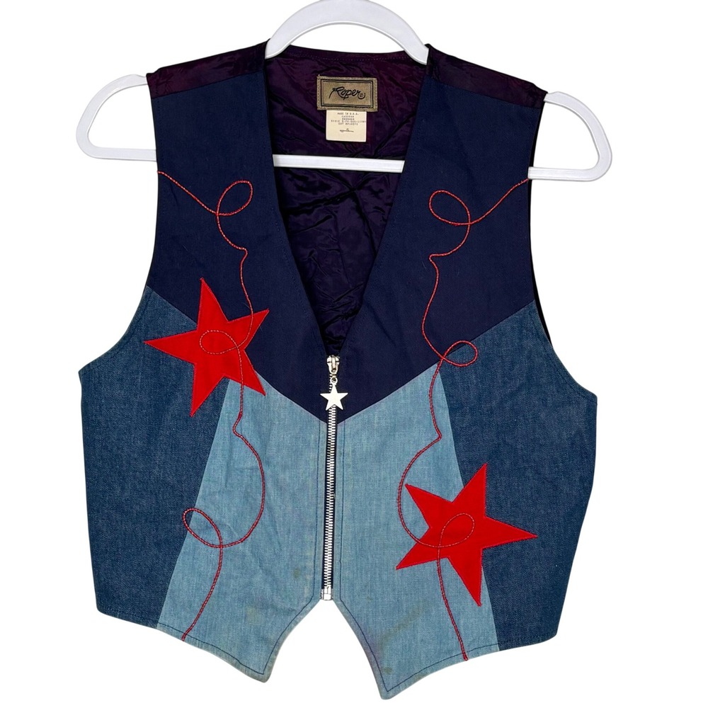 Vtg Roper Denim Western Vest S Colorblock Star Zipper AsIs Flaws Colorblock USA